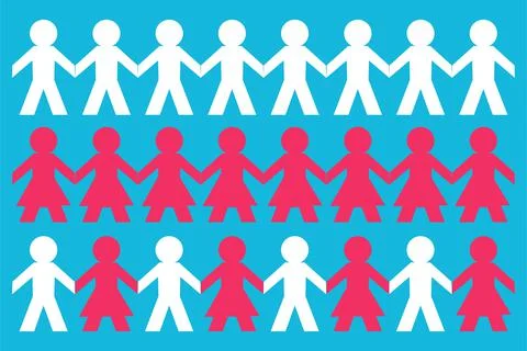 Rows of white and red paper people holding hands on a blue background - Vecto Stock Illustration