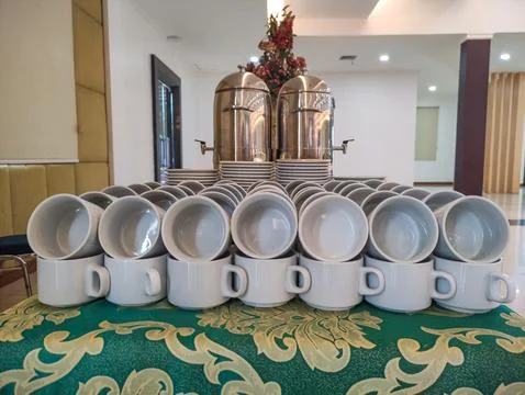 Rows of White Ceramic Coffee Cups Prepared for Catering Buffet Stock-Fotos