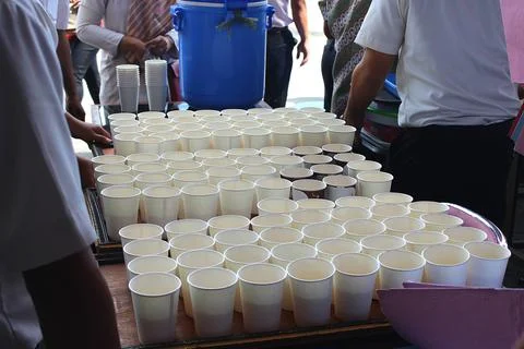 Rows of White Disposable Cups Ready for Serving Drinks at an Event Stock Photos