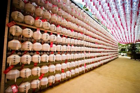 Rows of white lanterns hung up Stock Photos