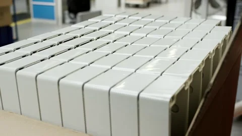 Rows of White Packaged Cartons, Factory Production Hall, Tracking Wide Shot Stock Footage 341434426