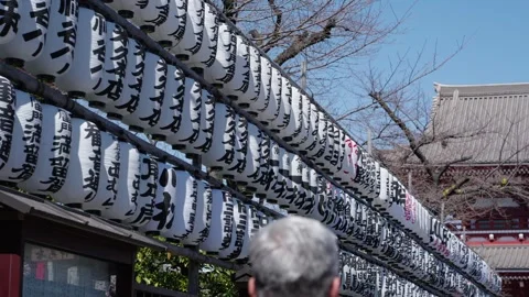 Rows White Paper Lanterns Kanji Asakusa Senso-ji Tokyo Japan Blue Sky Stock Footage 335037727