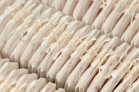 Rows of white tea bags with strings arranged in a pattern Stock Photos