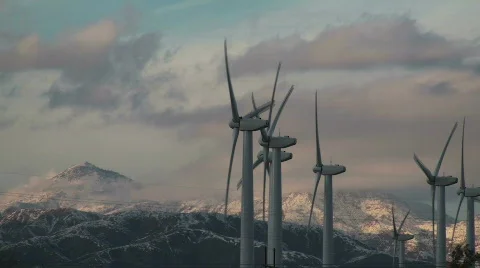 Rows of wind turbines against snow - HD  Stock-Footage 357929
