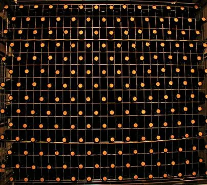 Rows of wine bottles with corks are horizontally stored on racks in a special Foto stock