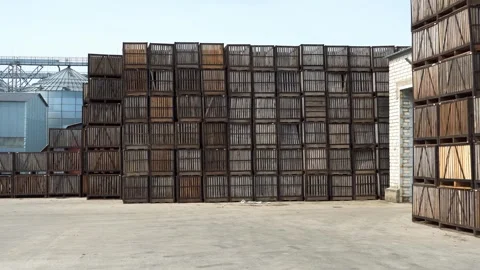 Rows of wooden boxes for storing and transporting fruits and vegetables Stock Footage 287095659
