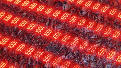 Rows of yellow hashtags glowing red, 3D render, social media strategy Stock Footage 252065634