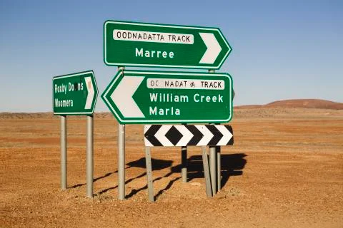 Roxby Downs Woomera, Maree and William Creek Marla signposts in the Australian Stock Photos