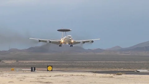 Royal Air force E 3 sentry landing during Red Flag exercises at Nevada, USA Stock Footage 82534396