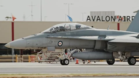 Royal Australian Air Force FA-18 Hornet fighter aircraft taxiing Stock Footage 154973184