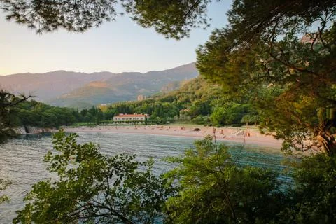 Royal beach with view behind the trees of hiking track next to it Stock Photos