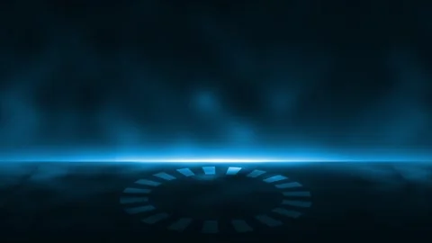 Royal blue glowing empty space or empty stage with rotating ring at the center Video stock 306586429
