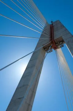 The Royal Bridge, back-lighting of the structure and the steel   wire ropes Stock Photos