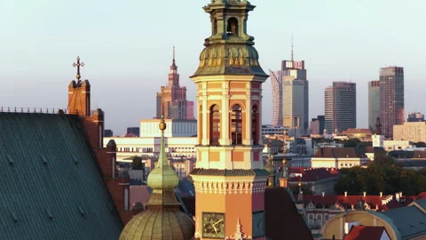 Royal Castle Clock Tower With Modern Downtown Skyscrapers In The Background At Stock Footage 344346852