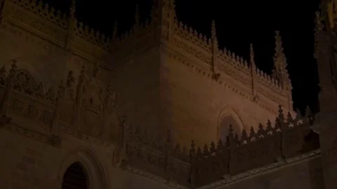 Royal chapel of Granada (Capilla Real de Granada) illuminated by night lighting Stock Footage 247376774