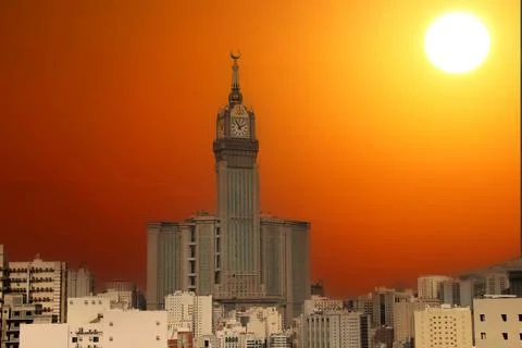 Royal Clock Tower with sunset. Mecca,Saudi Arabia Stock Photos