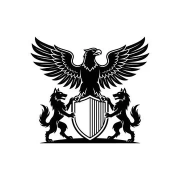 Royal crest emblem featuring a bird of prey and two wolf animals Stockillustratie