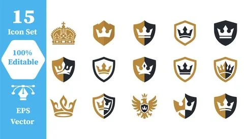 Royal crown and heraldic shield icon set with heraldic monarchy heraldry Stock Illustration