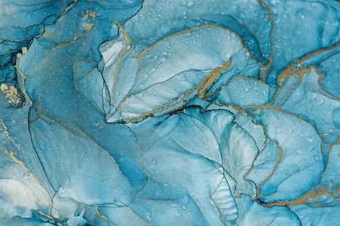 Royal cyan mint liquid marble watercolor background with gold lines. Teal Stock Illustration