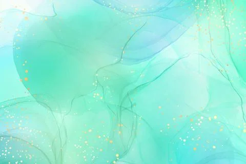 Royal cyan mint liquid marble watercolor background with white lines and brush Stock Illustration