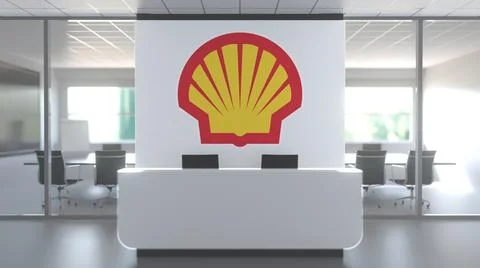 ROYAL DUTCH SHELL PLC logo in modern office and a meeting room, editorial Stock Illustration