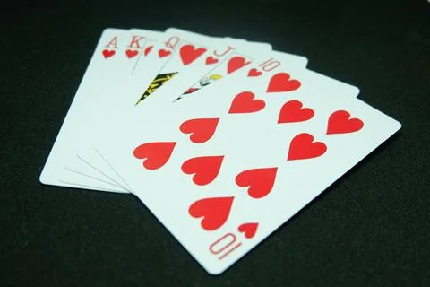 Royal Flush of heart (All the same suit, sequence A-K-Q-J-T) Stock Photos