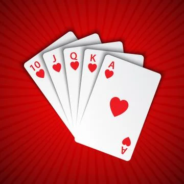 A royal flush of hearts on red background, winning hands of poker cards Stock Illustration
