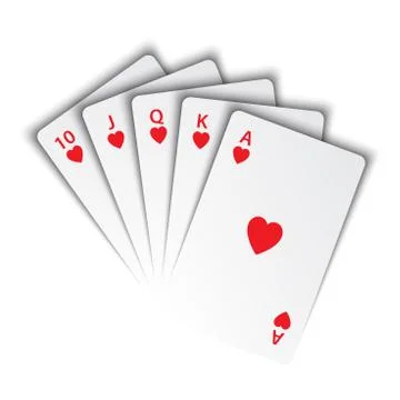 A royal flush of hearts on white background, winning hands of poker cards Stock Illustration