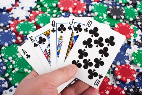 Royal Flush over Poker Chips Stock Photos