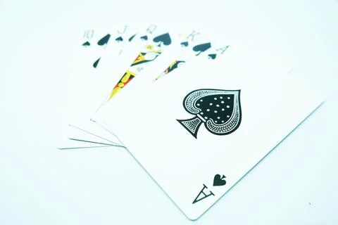 Royal Flush of Spade (All the same suit, sequence A-K-Q-J-T) in white background Stock Photos