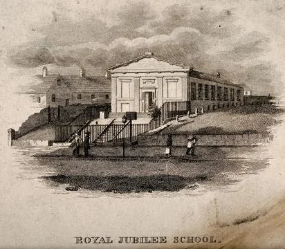 Royal Jubilee School. Etching. Stock Illustration