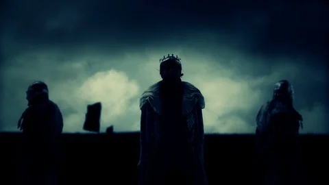 Royal King with a Crown Standing in a Field with Guards Stock Footage 113674744