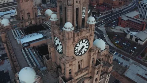 Royal Liver Building Clock Tower Close-Up Aerial View Video stock 347549767