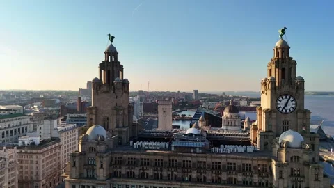 Royal Liver Building Clock Towers Close Up Aerial View Stock Footage 339028663