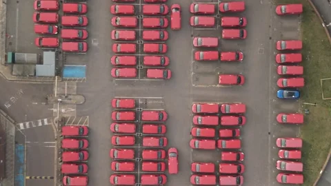 Royal Mail Delivery Vans Parked at Distribution Depot Aerial Top Down Drone Video stock 337189450