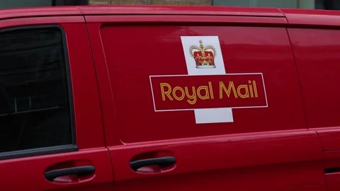 Royal mail sign on post van in red color, British postal service. Stock Footage 325775722
