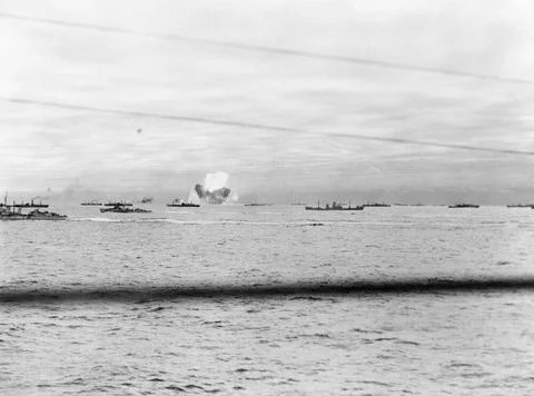 The Royal Navy during the Second World War An oiler exploding in flames du... Stock Photos