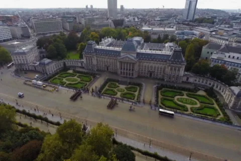 Royal Palace of Brussels marching cavalry aerial city view fly, click for HD Stock Footage 43918638