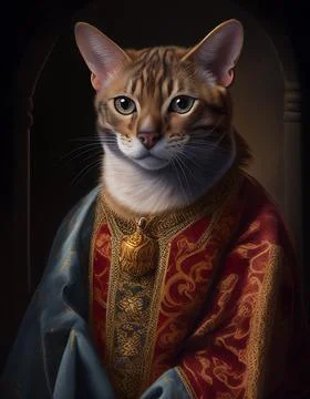 Royal Portrait Painting of a Bengal Cat Dressed like a British King Stock Illustration