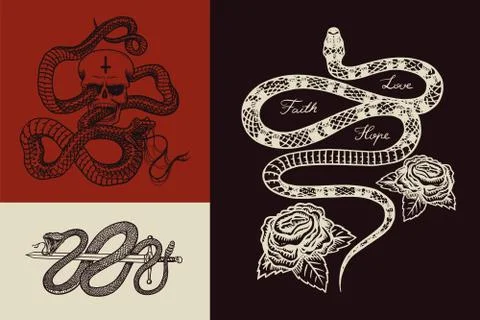 Royal python with a skull, a milk snake with roses, a reptile with a sword Stock-Illustration