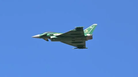 Royal Saudi Air Force Typhoon fighter flying display at Athens Flying Week 2024 Stock Footage 285334213