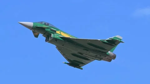 Royal Saudi Air Force Typhoon fighter flying display at Athens Flying Week 2024 Stock Footage 285334253