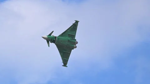 Royal Saudi Air Force Typhoon fighter flying display at Athens Flying Week 2024 Stock Footage 285335512