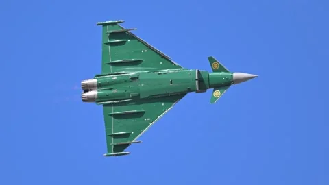 Royal Saudi Air Force Typhoon fighter flying display at Athens Flying Week 2024 Stock Footage 285335518