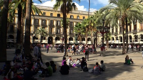 Royal Square with a fountain of the Three Graces in Barcelona. Spain. Stock Footage