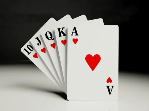 Royal straight flush playing cards poker hand in hearts Stock