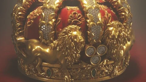 "Royal vintage golden crown with cross and lions Symbolizing monarchy and Stock Footage