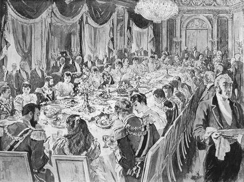 Royal wedding breakfast in the throne room at the Ehrenberg palace in engraving Ilustración de archivo