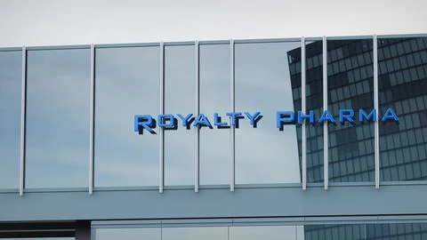 Royalty Pharma Stock data presented on the logo of the office facade editorial Stock Photos
