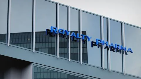 Royalty Pharma Stock data presented on the logo of the office facade editorial Stock Photos